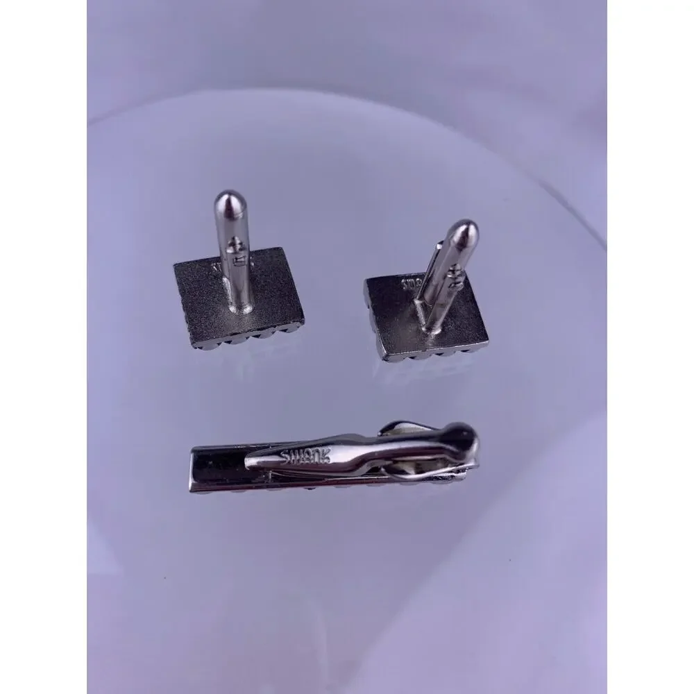 Modernist Scroll Twist Silver Tone Cufflinks Tie Clip Swank Geometric Vintage